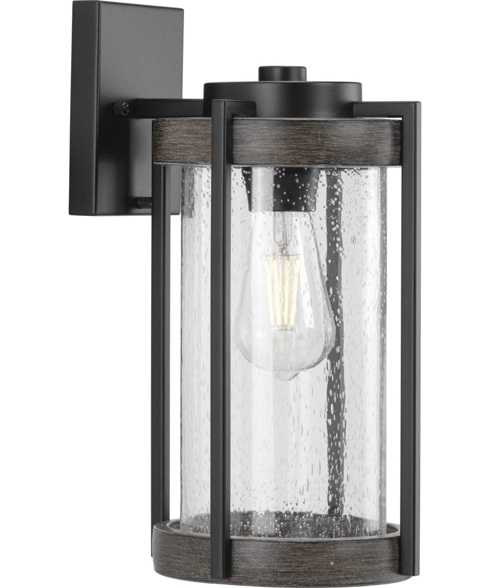 Whitmire  1-Light with Aged Oak Accents Clear Seeded Glass Farmhouse Outdoor Wall Lantern Light Matte Black