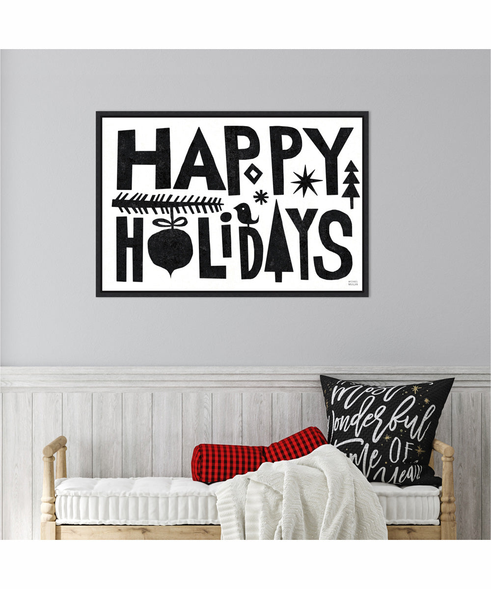 Framed Christmas Whimsy Happy Holidays Black by Michael Mullan Canvas Wall Art Print (33  W x 23  H), Sylvie Black Frame