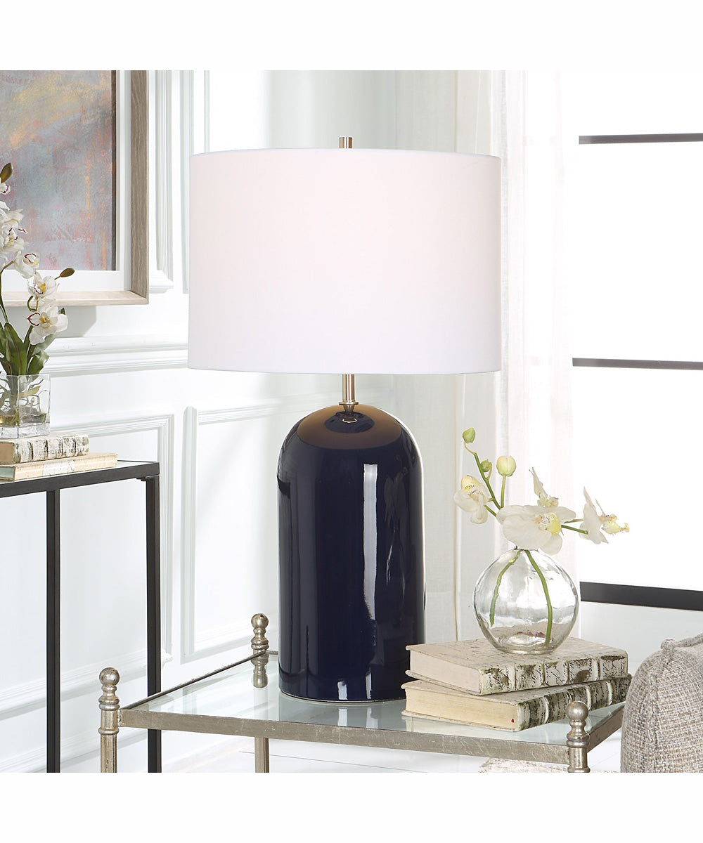 27"H 1-Light Table Lamp Ceramic and Metal in Navy Blue and Brushed Nickel with a Round Shade