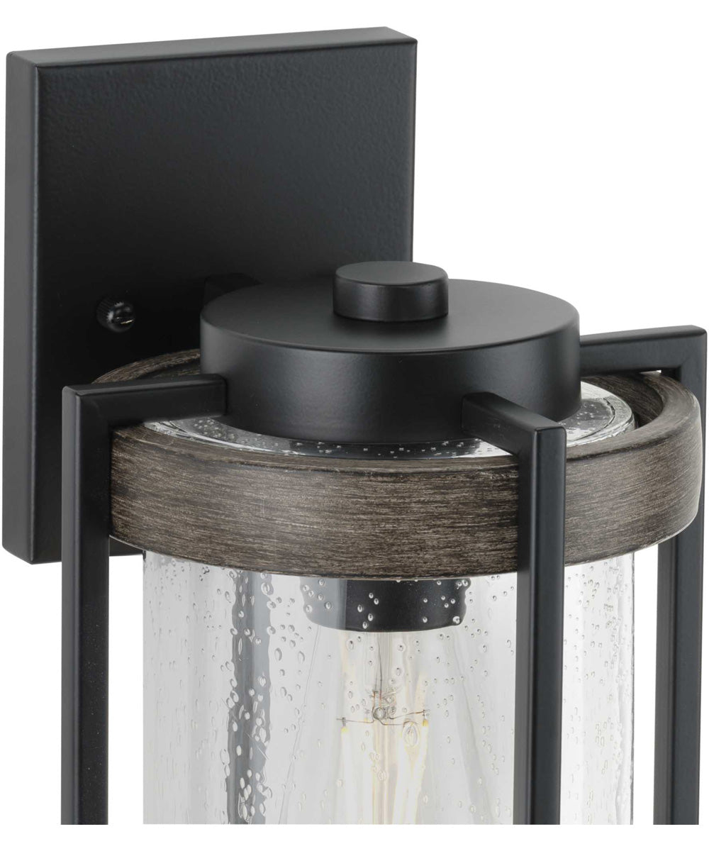 Whitmire  1-Light with Aged Oak Accents Clear Seeded Glass Farmhouse Outdoor Wall Lantern Light Matte Black