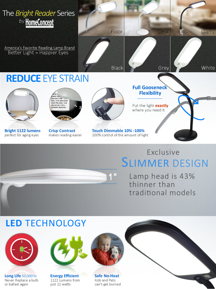 26"H Slim Design LED Bright Reader Natural Daylight Full Spectrum Desk Lamp Black