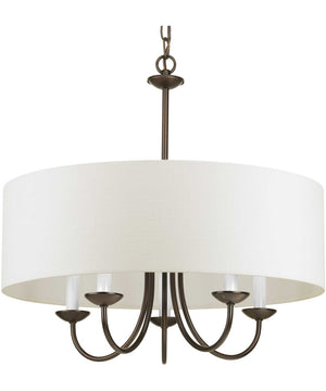 Drum Shade 5-Light White Textured Linen Shade Farmhouse Chandelier Light Antique Bronze