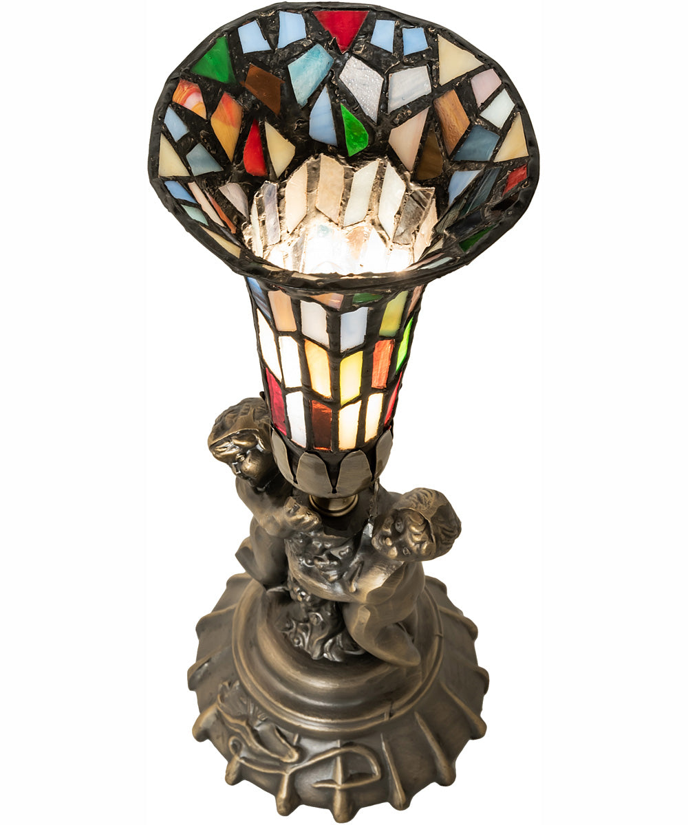 13" High Stained Glass Pond Lily Twin Cherub Mini Lamp