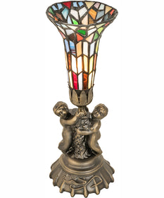 13" High Stained Glass Pond Lily Twin Cherub Mini Lamp