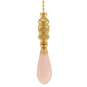 Rose Quartz Tear Drop Ceiling Fan Pull, 2.25"h with 12" Polished Brass Chain