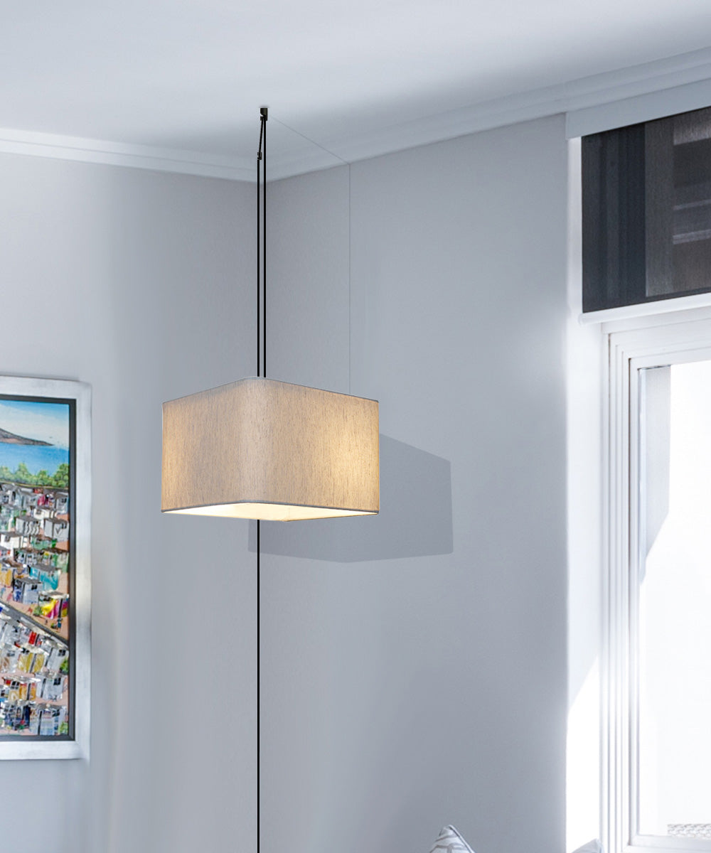 1 Light Swag Plug-In Pendant 14"w Rounded Corner Square Oatmeal Drum Shade, Black Cord