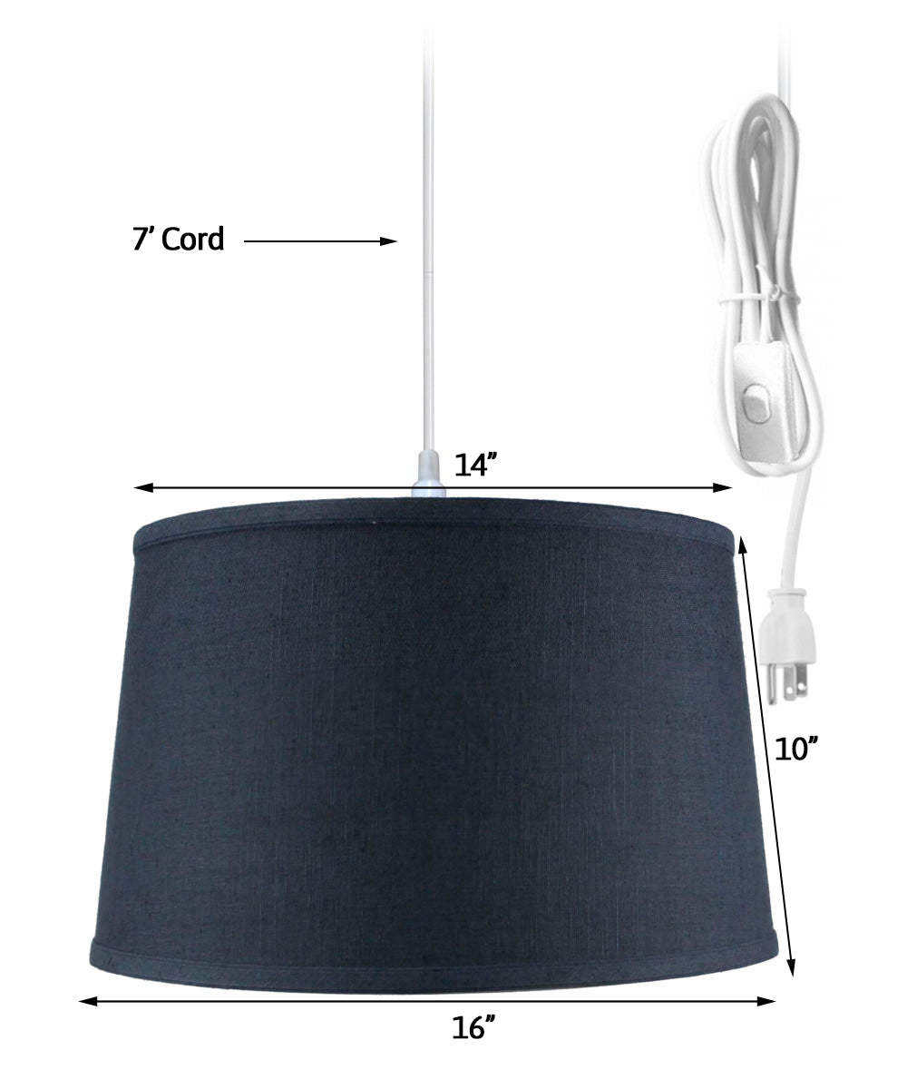 16"W 1 Light Swag Plug-In Pendant  Shallow Drum Textured Slate Blue Shade White Cord
