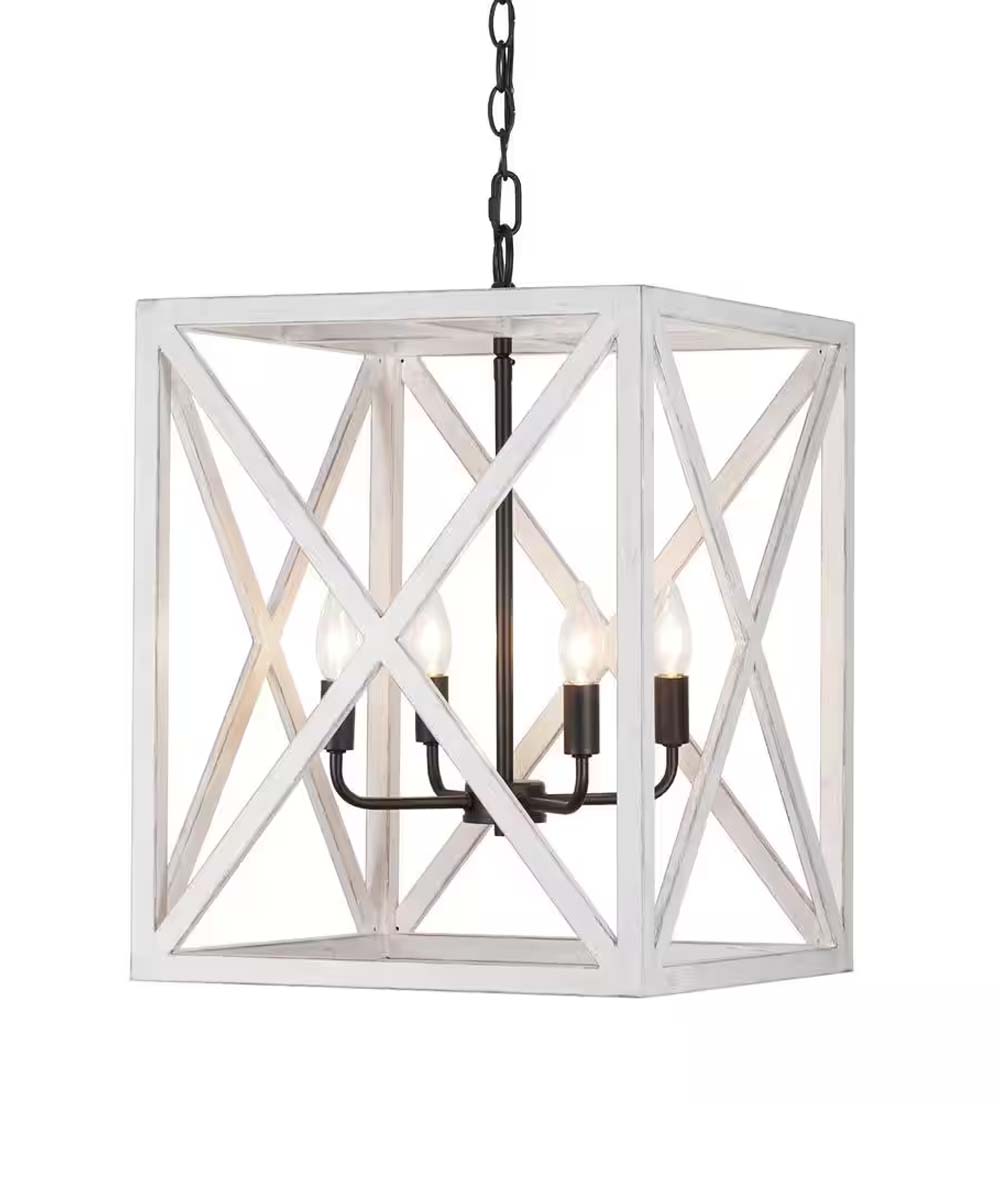 Alsy 16"W 4-Light Distressed White Caged Large Pendant Chandelier Light Fixture, French Country Style