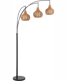 Paige 3-Light 3-Light Arc Lamp Black/Outer Rattan&Inner Fabric Shade
