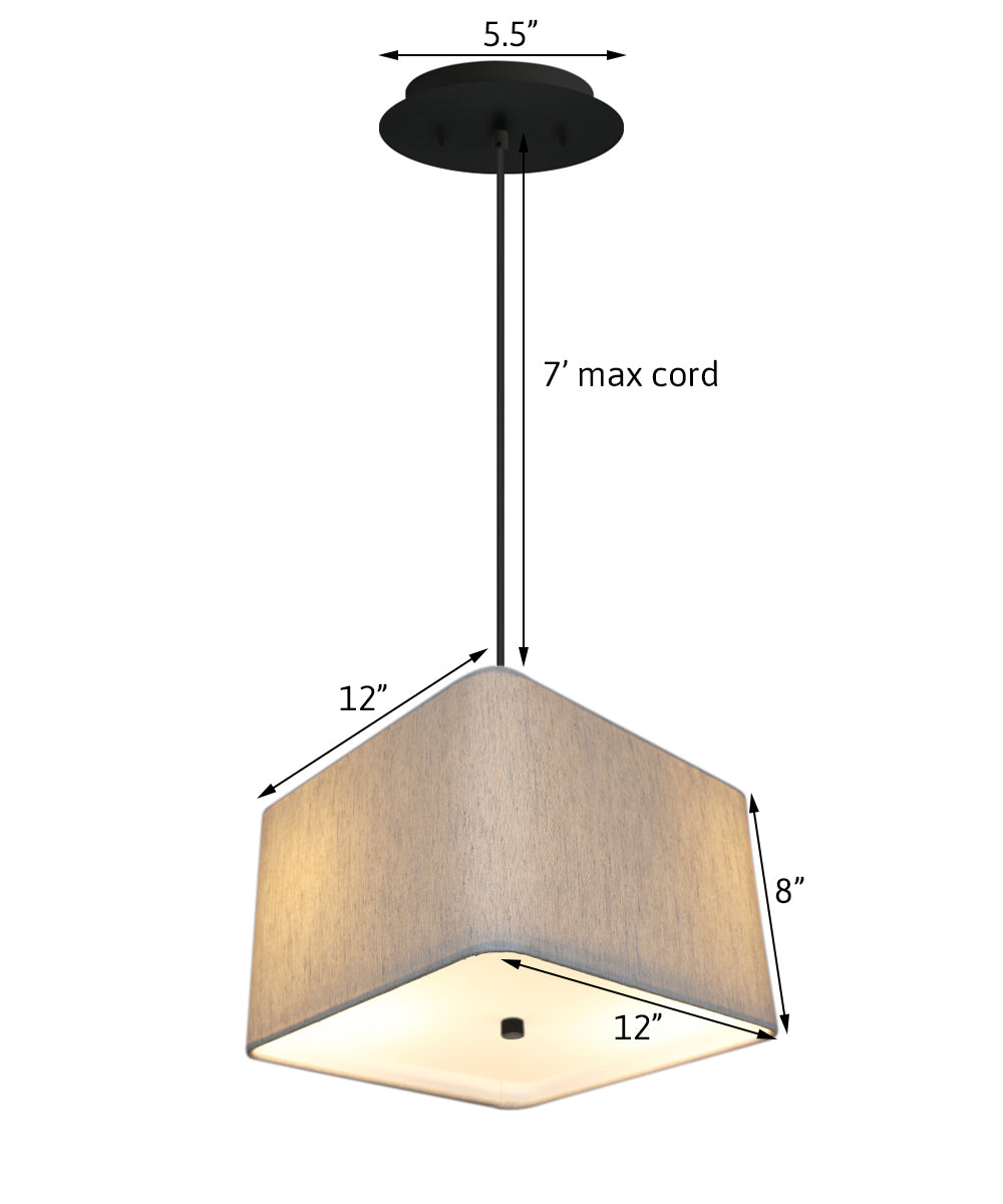 12" W 2 Light Pendant Rounded Corner Square Oatmeal Drum Shade with Diffuser, Black Cord