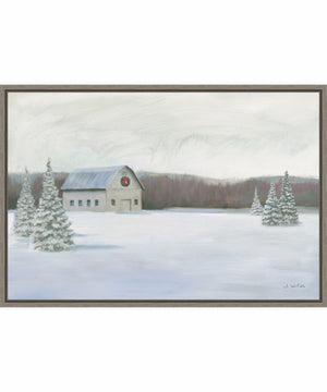Framed Holiday Winter Barn by James Wiens Canvas Wall Art Print (33  W x 23  H), Sylvie Greywash Frame