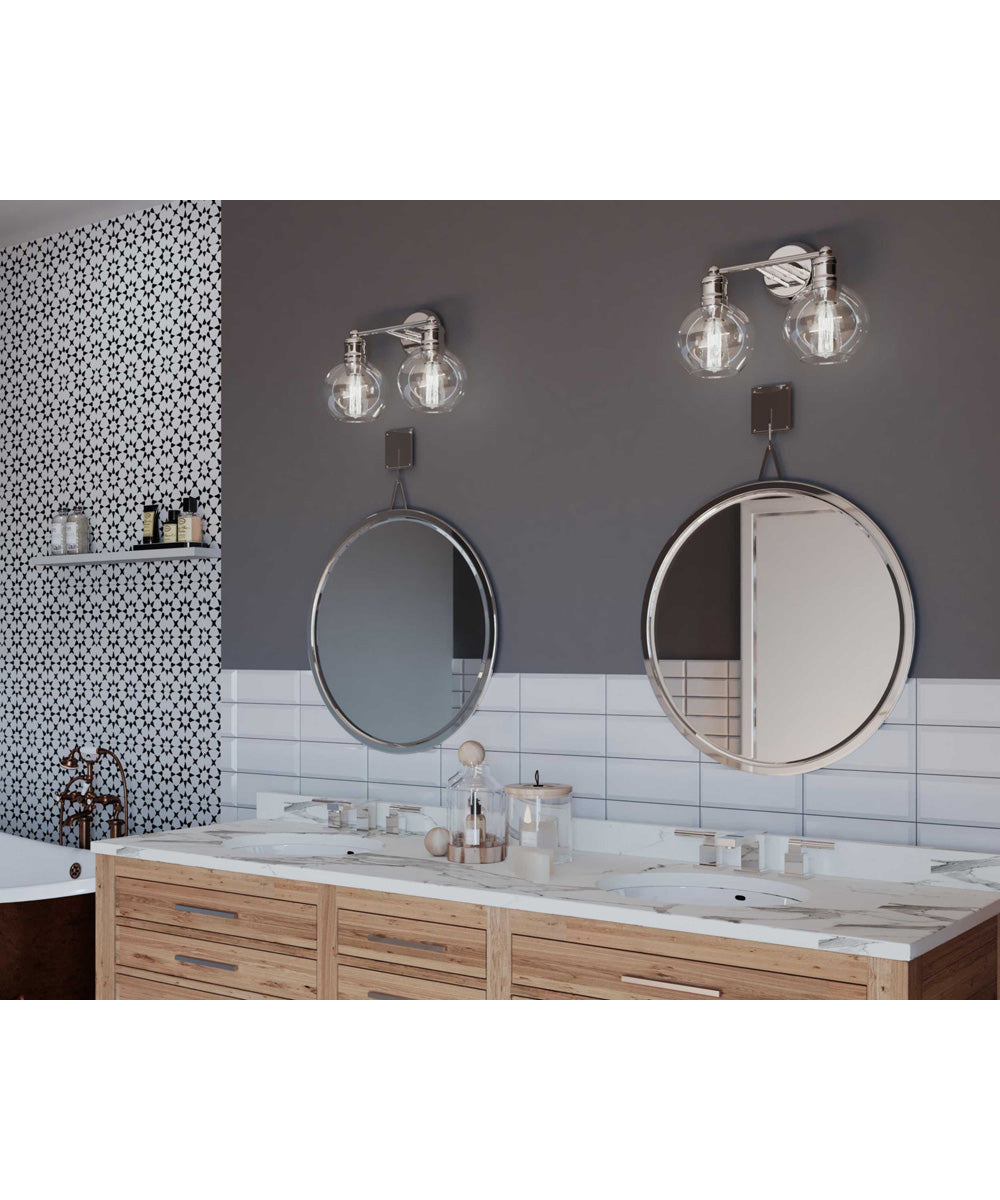 Hansford 2-Light Clear Glass Coastal Bath Vanity Light Polished Nickel