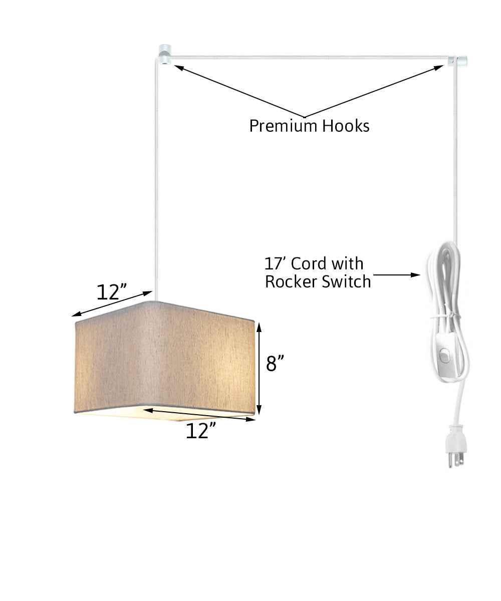 1 Light Swag Plug-In Pendant 14"w Rounded Corner Square Oatmeal Drum Shade, White Cord