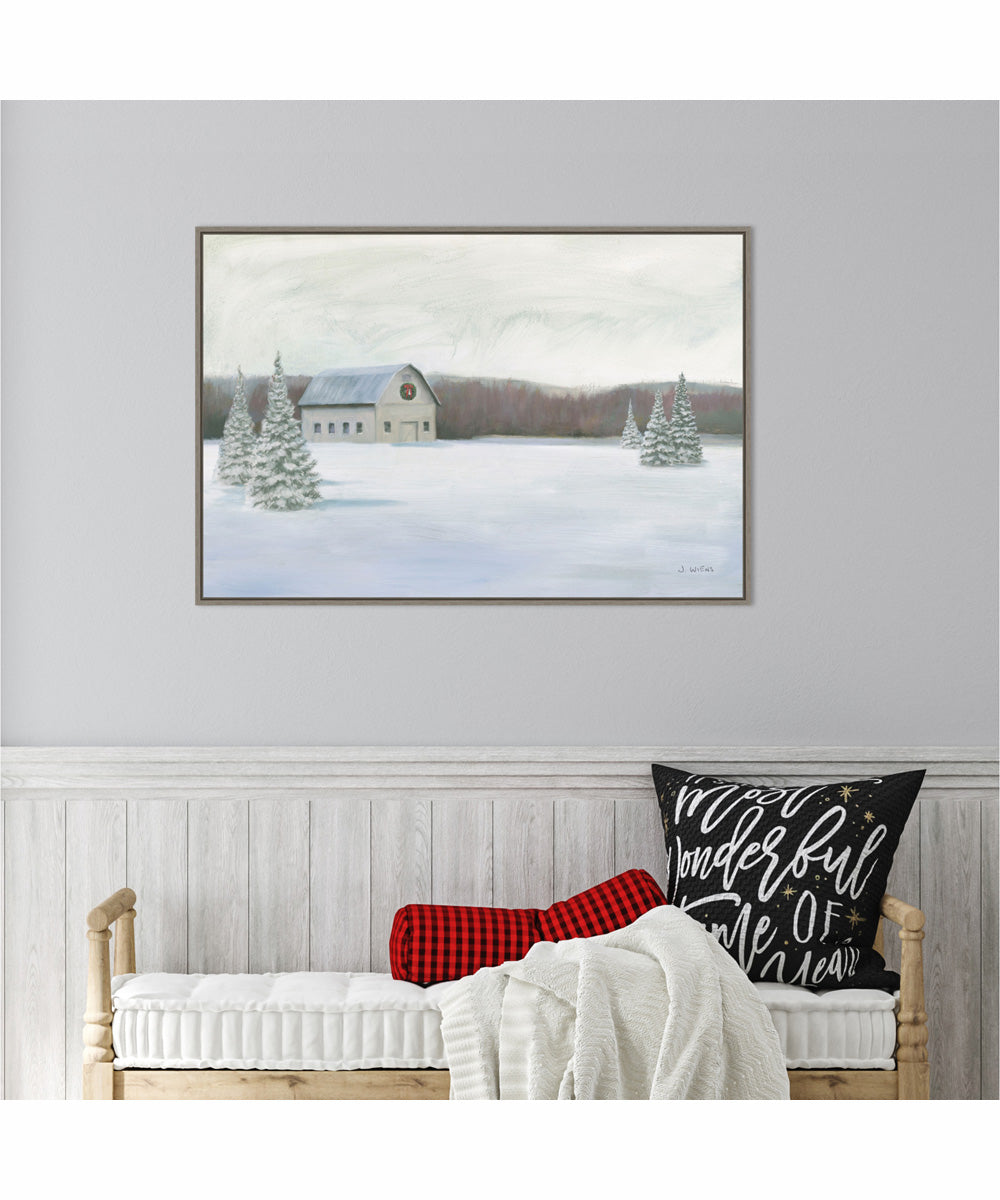 Framed Holiday Winter Barn by James Wiens Canvas Wall Art Print (33  W x 23  H), Sylvie Greywash Frame