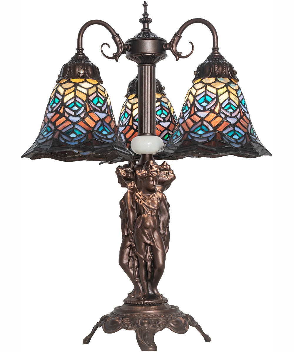 23" High Tiffany Peacock Feather 3 Light Table Lamp