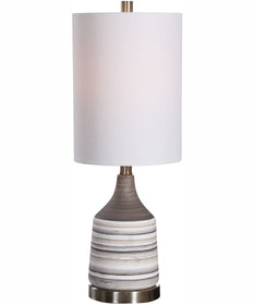 24"H 1-Light Table Lamp Ceramic and Iron in Striped Charcoal with Brushed Nickel with a Round Drum Shade