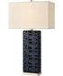 Strapped Down Table Lamp Polished Nickel/Navy Blue/a White Linen Shade