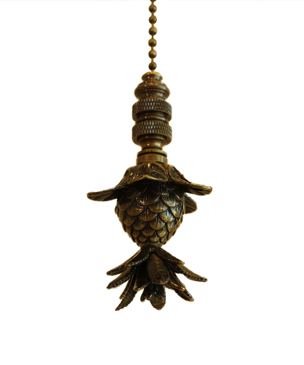 Blooming Pineapple Ceiling Fan Pull, 3"h with 12" Antiqued Brass Chain