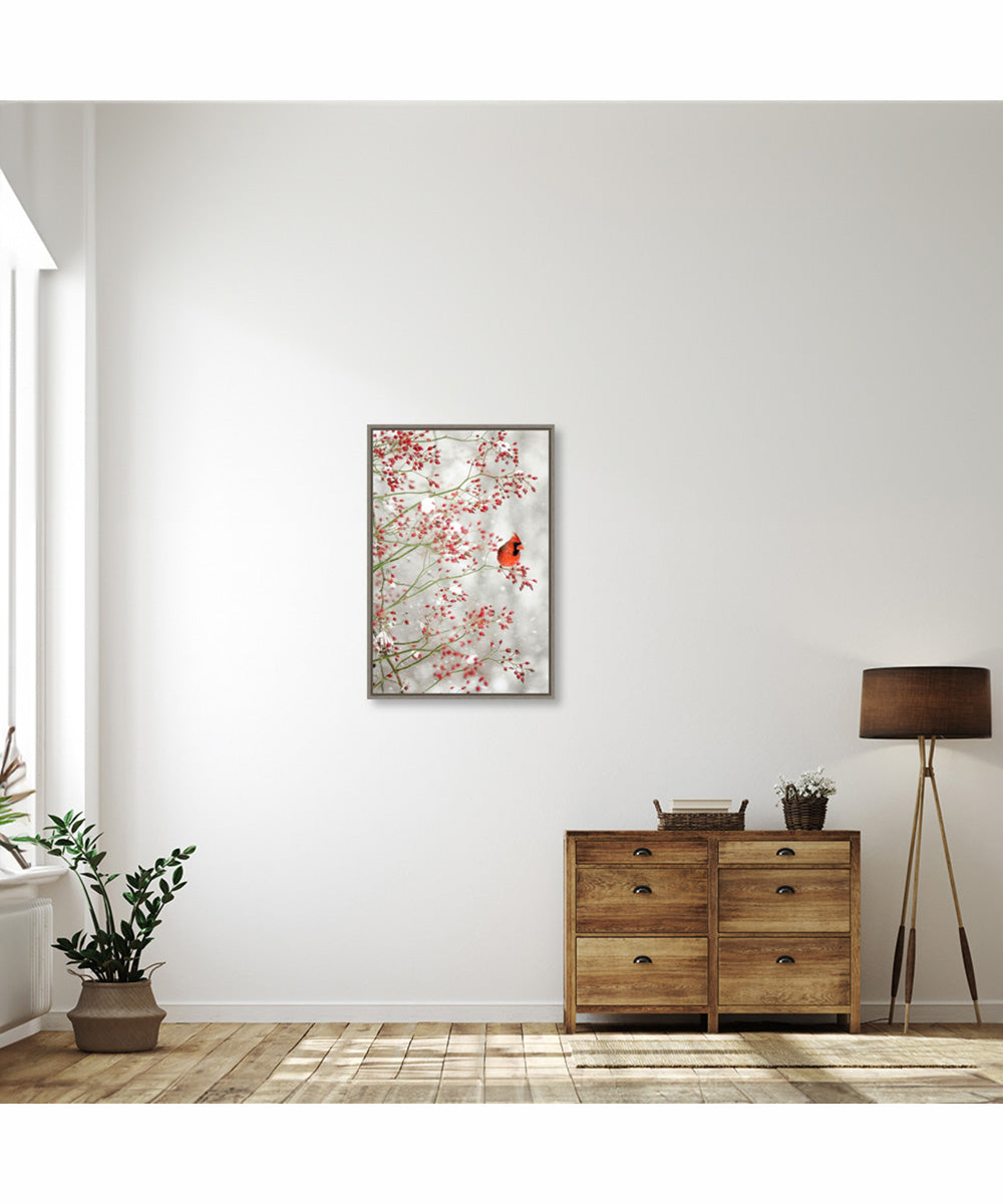 Framed Red Cardinal and Red Berries by Carrie Ann Grippo-pike Canvas Wall Art Print (23  W x 33  H), Sylvie Greywash Frame
