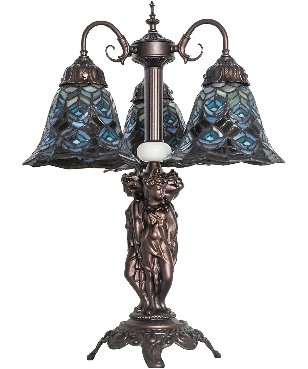 23" High Tiffany Peacock Feather 3 Light Table Lamp