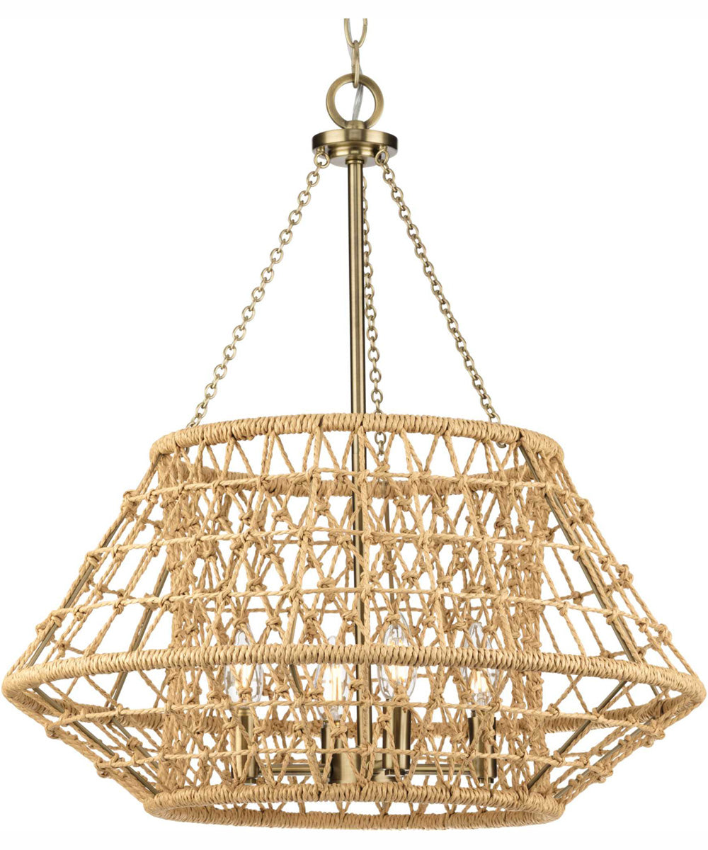 Laila 4-Light Coastal Chandelier with Woven Jute Accents Vintage Brass