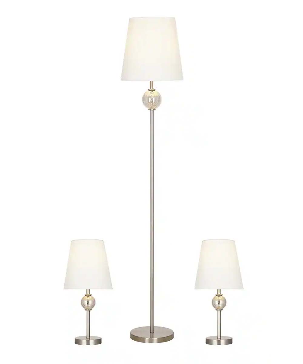 Catalina Modern Classic 3-Piece Floor and Table Lamp Combo Set, Brushed Nickel Metal Finish w/ Glass Font