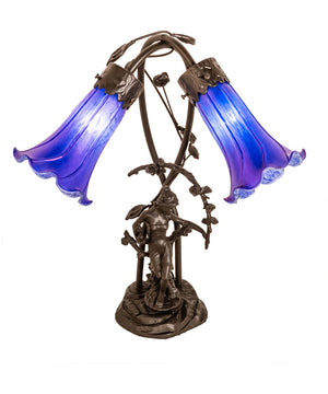 17" High Blue Tiffany Pond Lily 2 Light Trellis Girl Accent Lamp