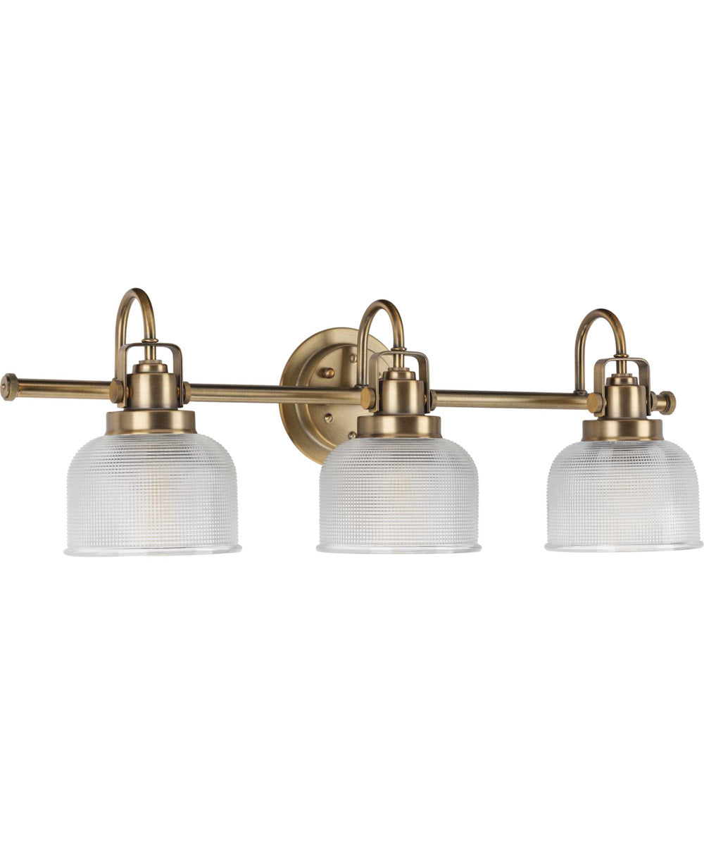 Archie 3-Light Clear Double Prismatic Glass Coastal Bath Vanity Light Vintage Brass