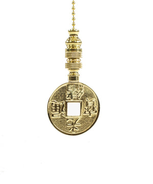 1"W Polished Brass Asian Mysterious East Chinese Coin Fan Pull  with Polished Brass Chain