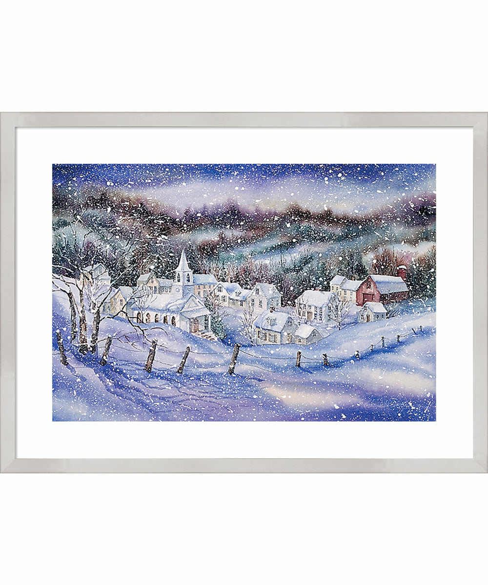 Winter Village Snowscape by Kathleen Parr McKenna Wood Framed Wall Art Print (25  W x 19  H), Svelte Silver Frame