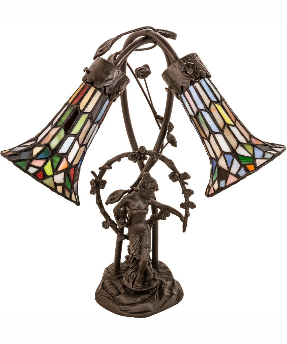17" High Stained Glass Pond Lily 2 Light Trellis Girl Accent Lamp