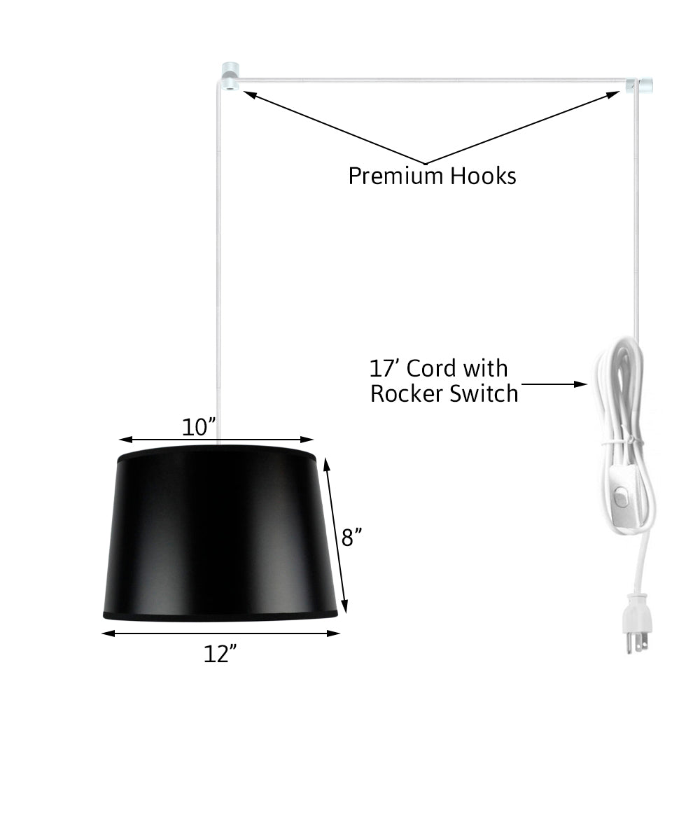 12"W 1 Light Swag Plug-In Pendant  Shallow Drum Black Shade White Cord