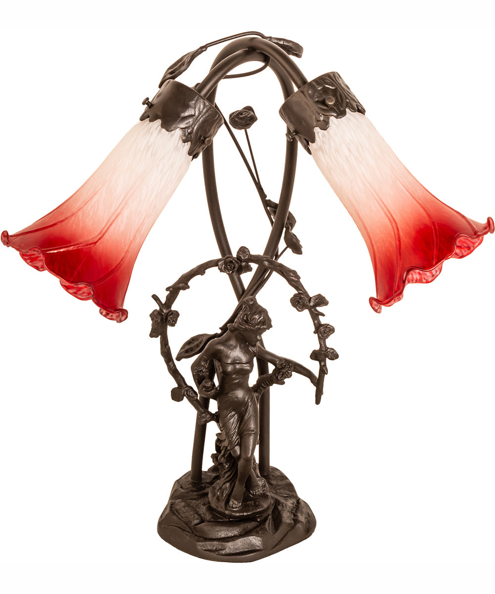 17" High Red/White Pond Lily Tiffany Pond Lily 2 Light Trellis Girl Accent Lamp