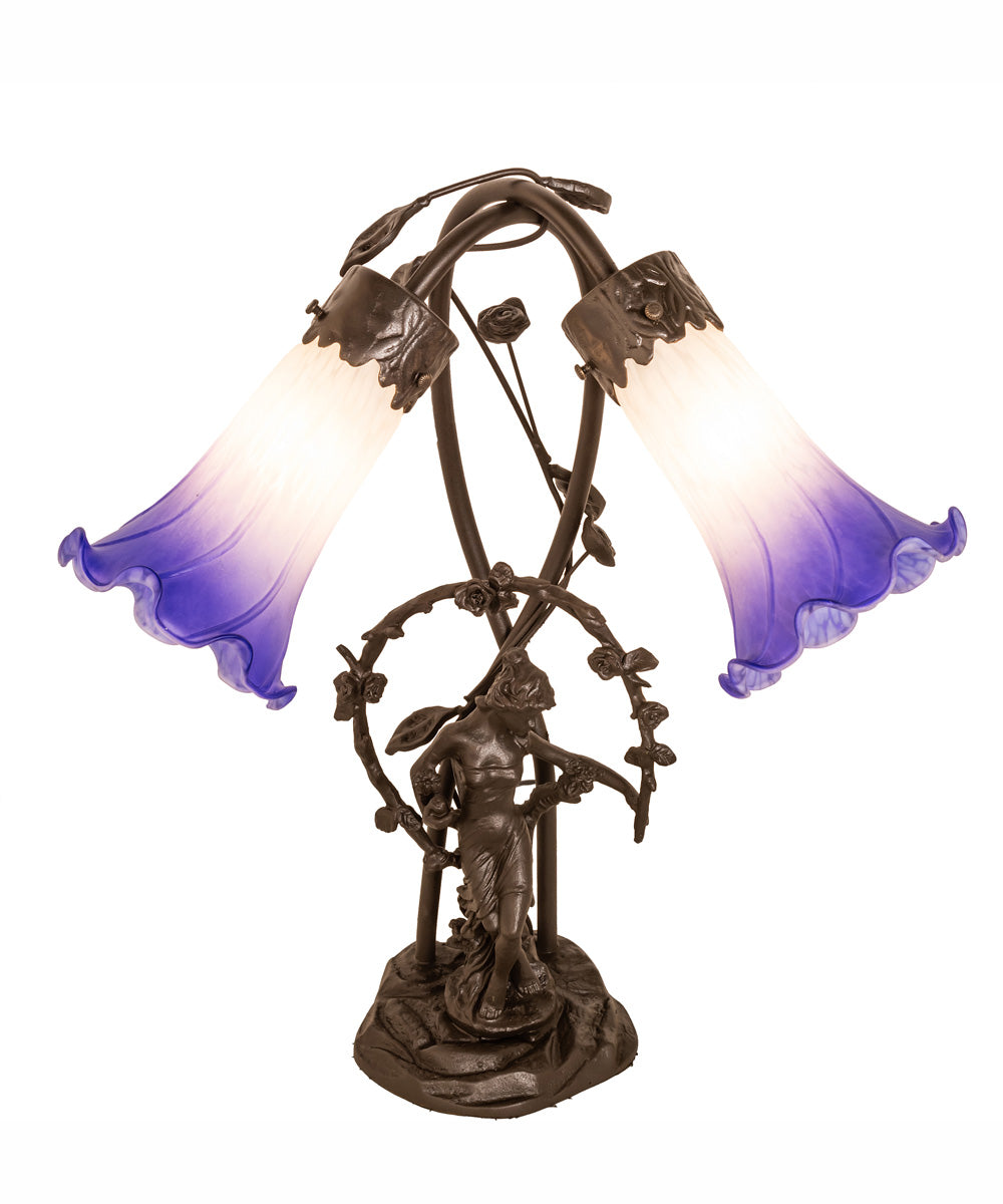 17" High Blue/White Pond Lily 2 Light Trellis Girl Table Lamp