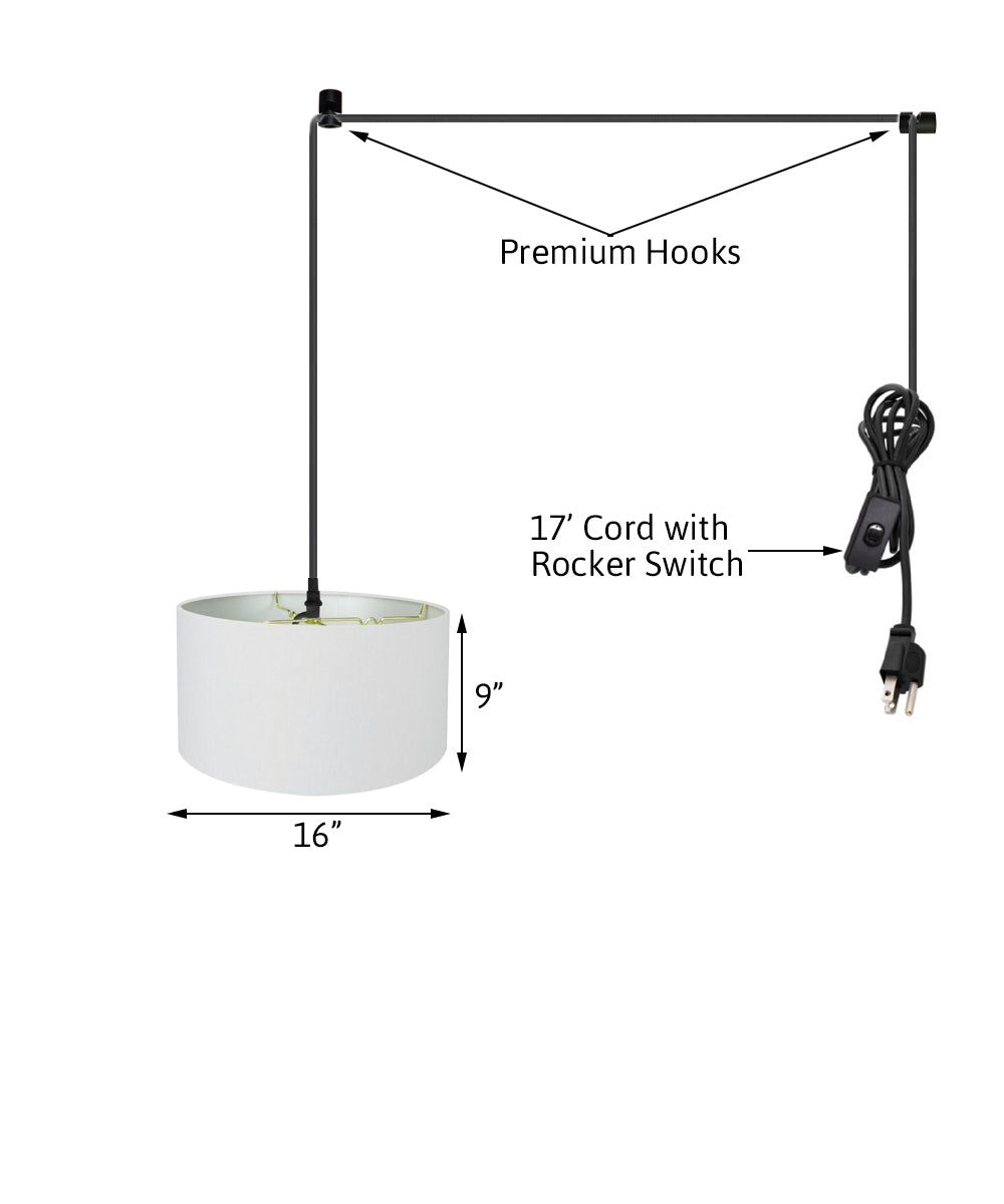 16"W 1 Light Swag Plug-In Pendant  White Linen Drum Shade Black Cord