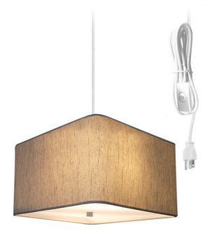 2 Light Swag Plug-In Pendant 14"w Rounded Corner Square Oatmeal Drum Shade with Diffuser, White Cord