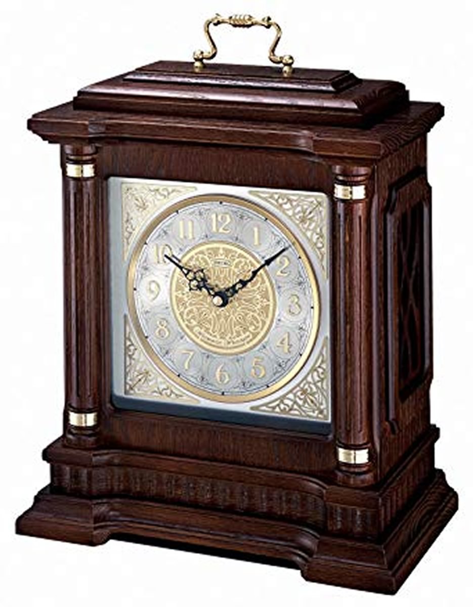 12"H Chime Carriage  Mantel Clock with Pendulum Metal Accents Ornamental Dial Applied Numerals and Brass Handle
