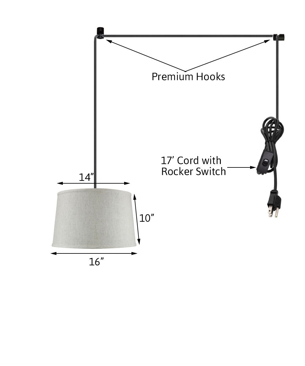 14"W 1 Light Swag Plug-In Pendant  Shallow Drum Textured Oatmeal Shade Black Cord