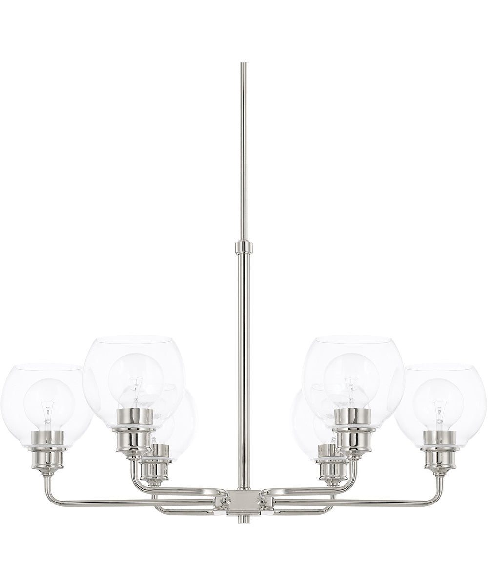 Mid-Century 6-Light Chandelier In Polished Nickel With Clear Glass