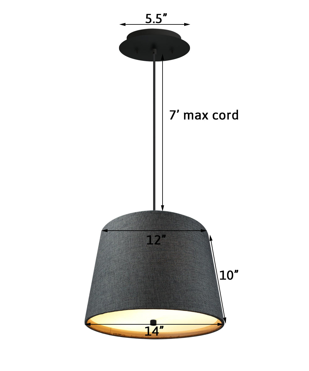 14" W 2 Light Pendant Granite Gray Burlap Shade with Diffuser, Black Cord