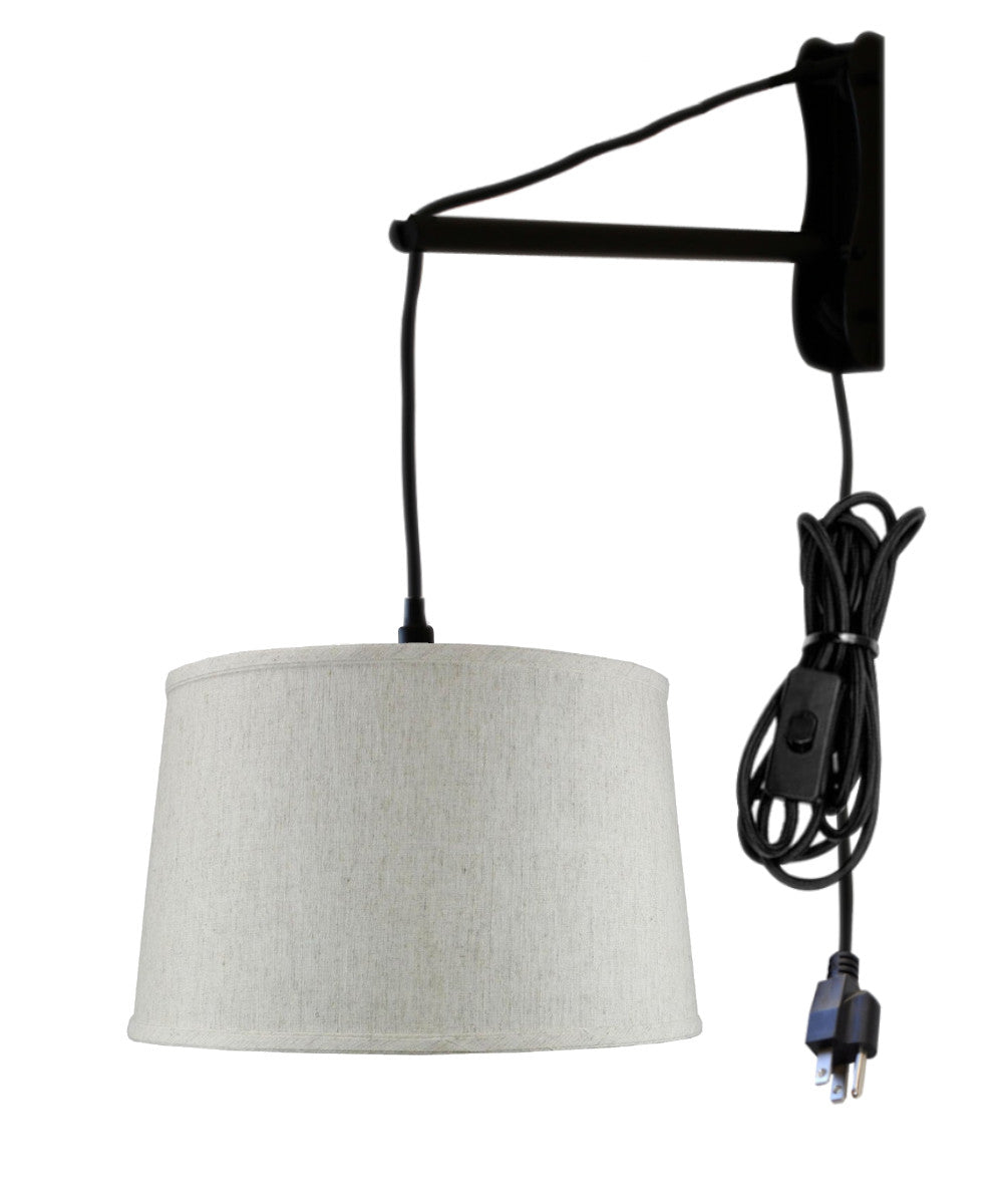 16"W MAST Plug-In Wall Mount Pendant 1 Light Black Cord/Arm Shallow Drum Textured Oatmeal Shade