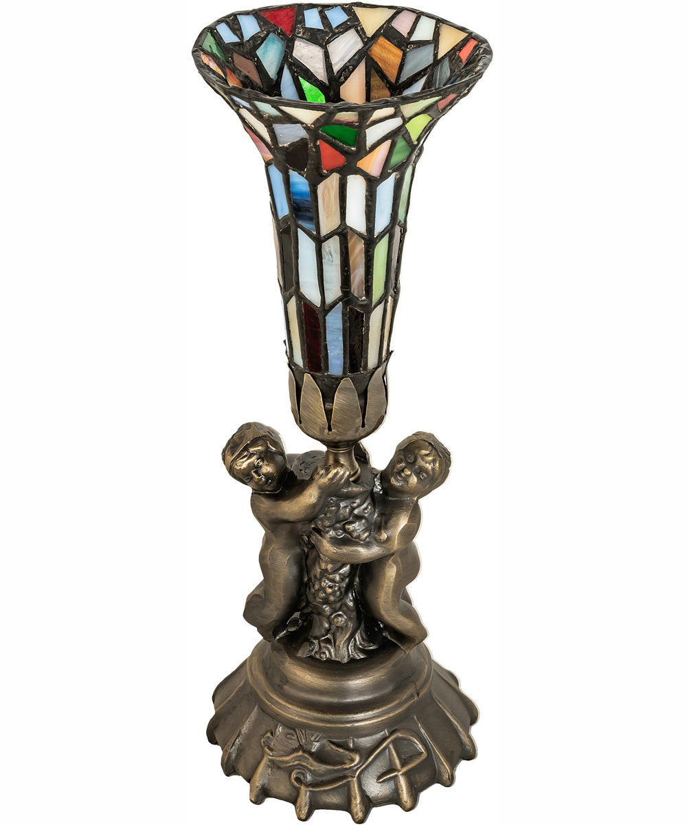 13" High Stained Glass Pond Lily Twin Cherub Mini Lamp