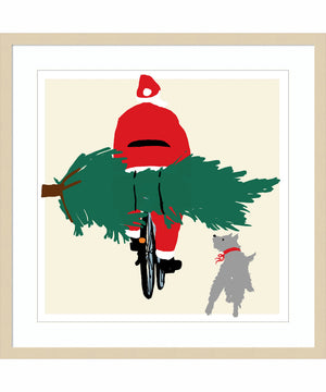 Spruced Up Santa on Bicycle by Jenny Frean Wood Framed Wall Art Print (25  W x 25  H), Svelte Natural Frame