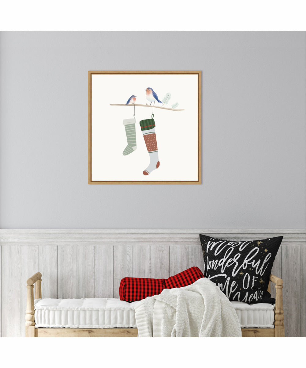 Framed Blue Birds of Christmas Happiness I by Lucca Sheppard Canvas Wall Art Print (22  W x 22  H), Sylvie Maple Frame