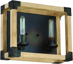 14"W Cubic 2-Light Bath Vanity Light Fired SteelNatural Wood