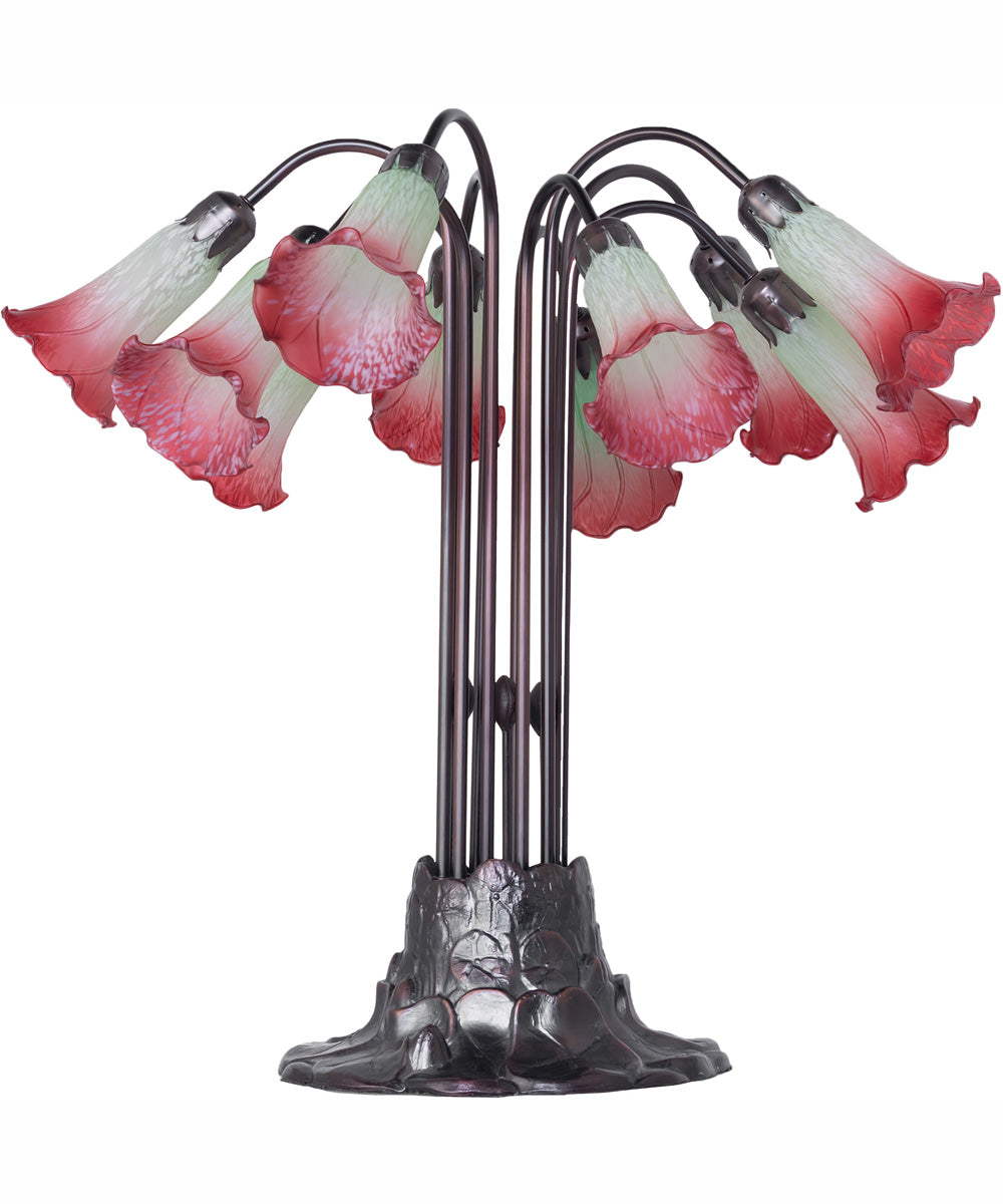 24" High Seafoam/Cranberry Tiffany Pond Lily 10 Light Table Lamp