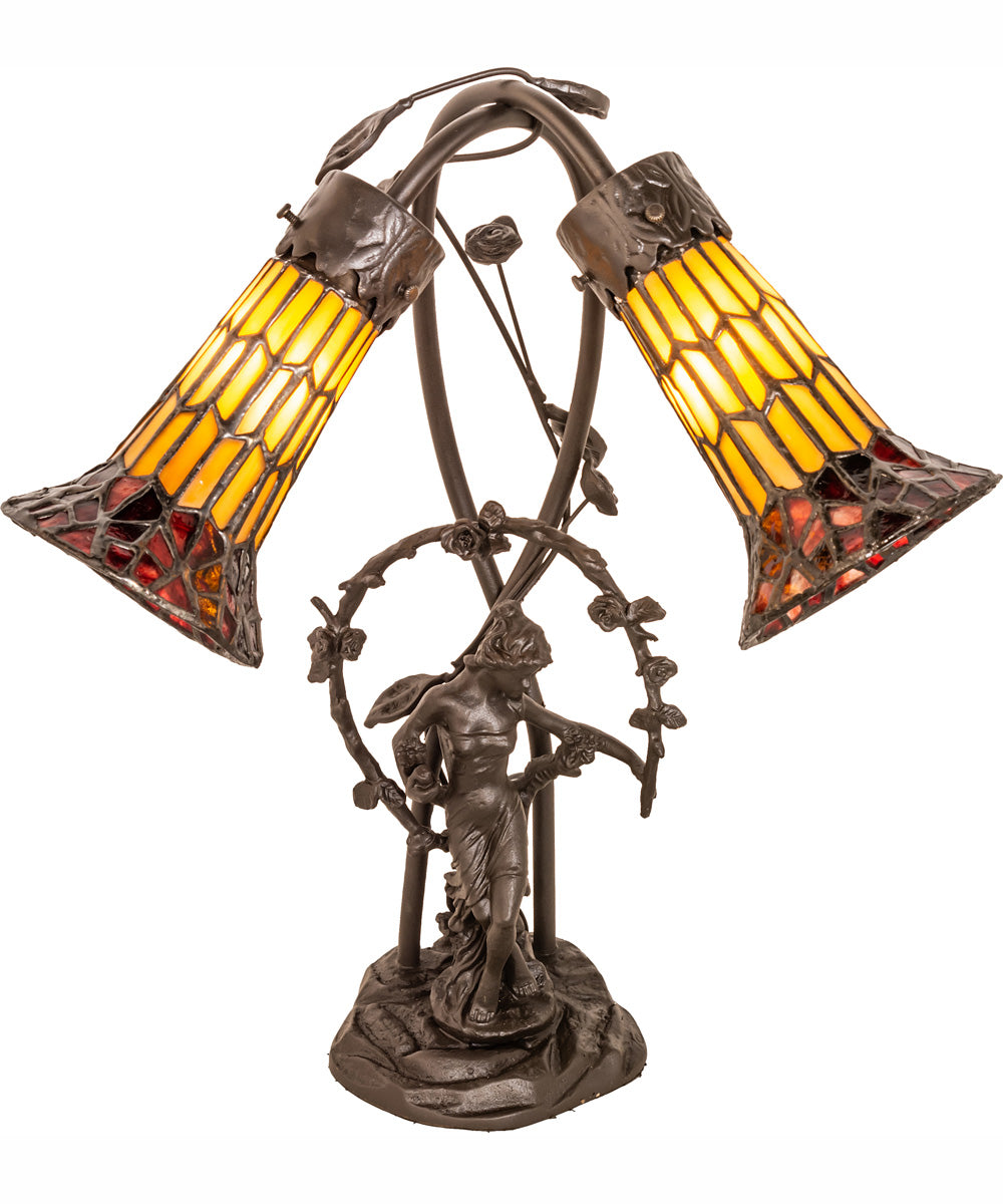 17" High Stained Glass Pond Lily 2 Light Trellis Girl Accent Lamp