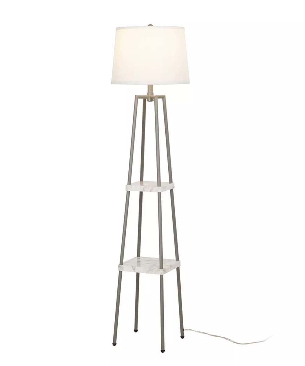Cresswell 58"H  Silver Metal Etangere Floor Lamp, Gray Shelves and White Linen Drum Shade