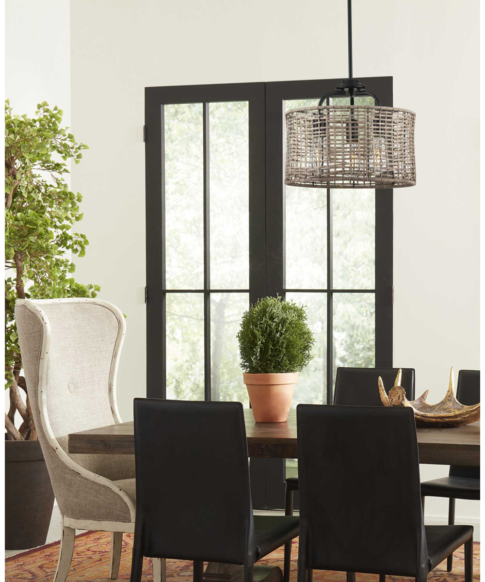 Lavelle 3-Light Mocha finish Rattan Convertible Semi-Flush Ceiling or Hanging Pendant Light Matte Black