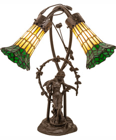 17" High Stained Glass Pond Lily 2 Light Trellis Girl Accent Lamp